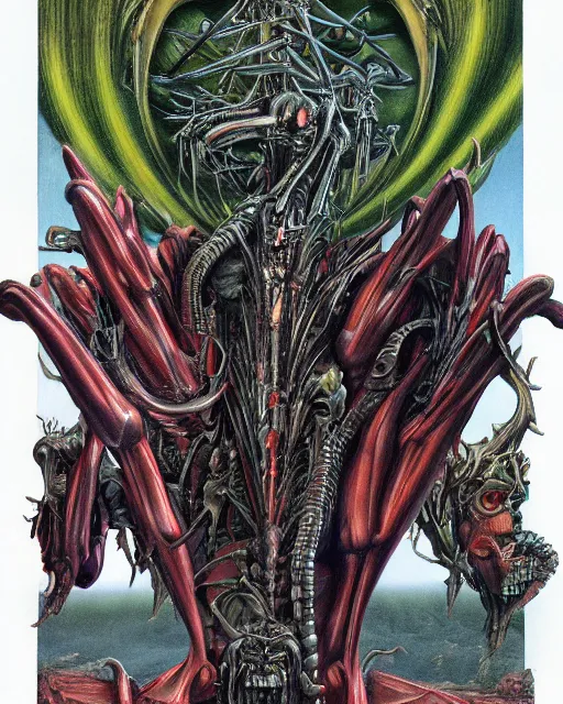 Image similar to evangelion by hr giger, by roger dean, by julie bell, 4 k, hyper detailed