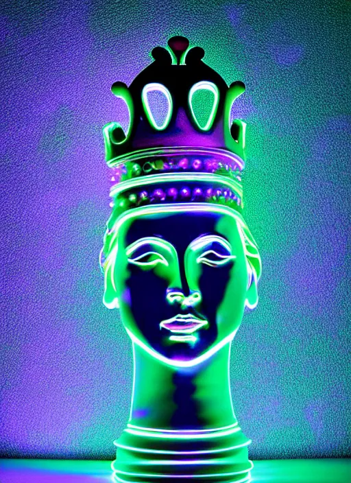 Image similar to queen chess piece photo, crown made of led point lights, pearlescent skin, skin made of led point lights, very detailed, highly detailed background, reflective chessboard, photorealism, sharp focus, photorealism, soft diffuse autumn lights, some sunlight ray, dark room wall, canon 5 d 5 0 mm lens