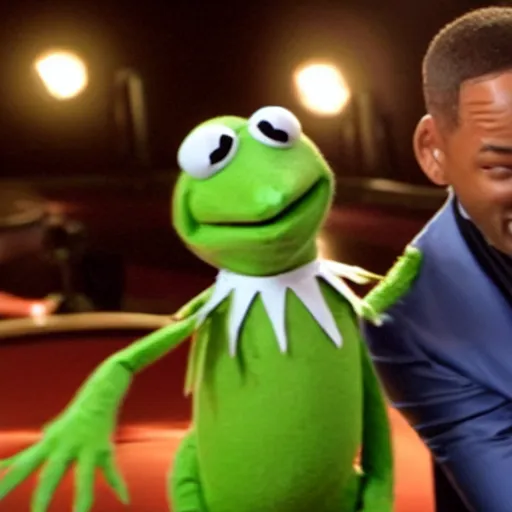 Prompt: A still of Will Smith slapping Kermit the frog at the Oscars, 4K