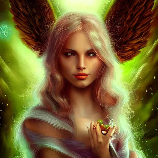 Prompt: fantasy portrait angel cat with emerald in head looking towards camera, high detail, digital art, beautiful , concept art,fantasy art, 4k