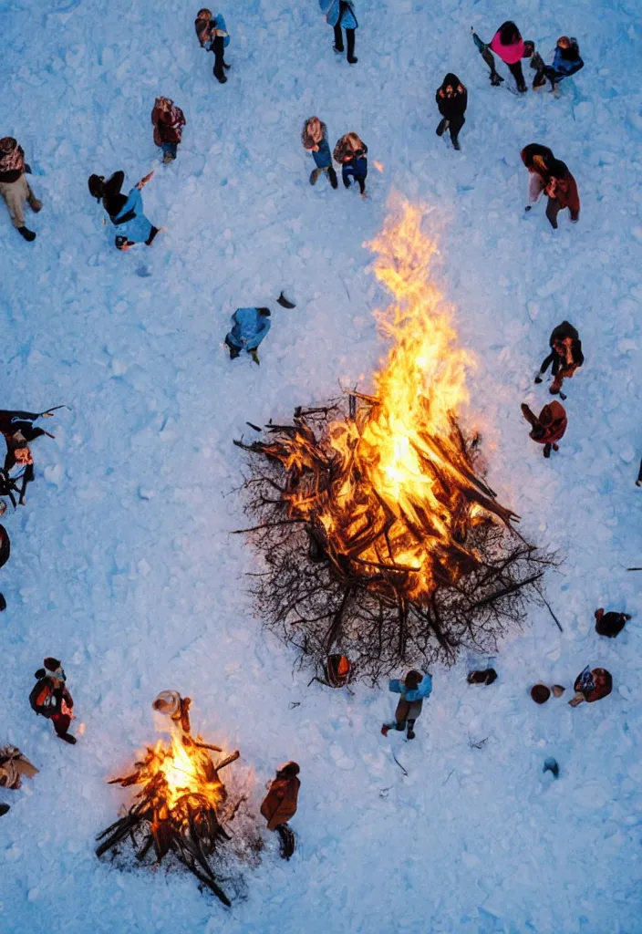 Image similar to realistic aerial race gather around a bonfire with a pregnant woman as her leader, intense blue eyes, realistic, antartic night