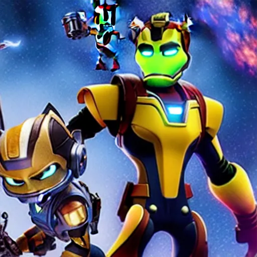 Prompt: ratchet and clank in avengers infinity war helping tony stark