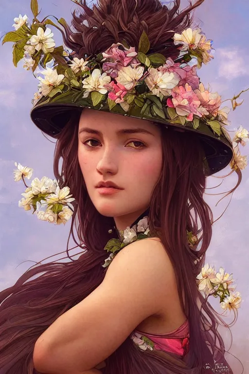 Image similar to ultra realistic illustration, beautiful swahiligirl with flowers blossoming from helmet, elegant, highly detailed, digital painting, concept art, smooth, sharp focus, illustration, art by artgerm and greg rutkowski and alphonse mucha