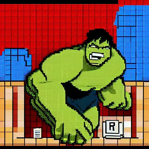 Image similar to the incredible hulk is in a local restroom and has to pee, but the toilet is occupied, pixel art