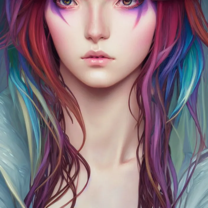 Image similar to portrait of beautiful symmetrical anime girl, rainbow hair, attractive, casual, modern, victoria's secret, highly detailed, digital painting, artstation, concept art, smooth, sharp focus, illustration, art by artgerm, greg rutkowski and alphonse mucha, 8 k,