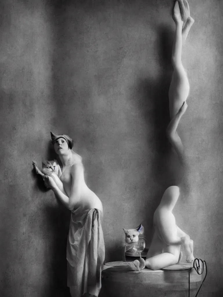 Image similar to old monochrom photography of a beautiful cat automato in a victorian decor, man ray, alfred ghisoland, gregory crewdson, miss aniela, erwin olaf, 4 k,