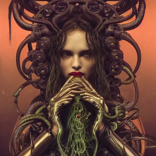 Image similar to Cyberpunk medusa, dark atmosphere, cinematic shot, intricate, ornate, photorealistic, ultra detailed, realistic, 35mm, photography, neon, octane, high definition, depth of field, bokeh, 8k, artstation, (alphonse mucha), (hr giger)