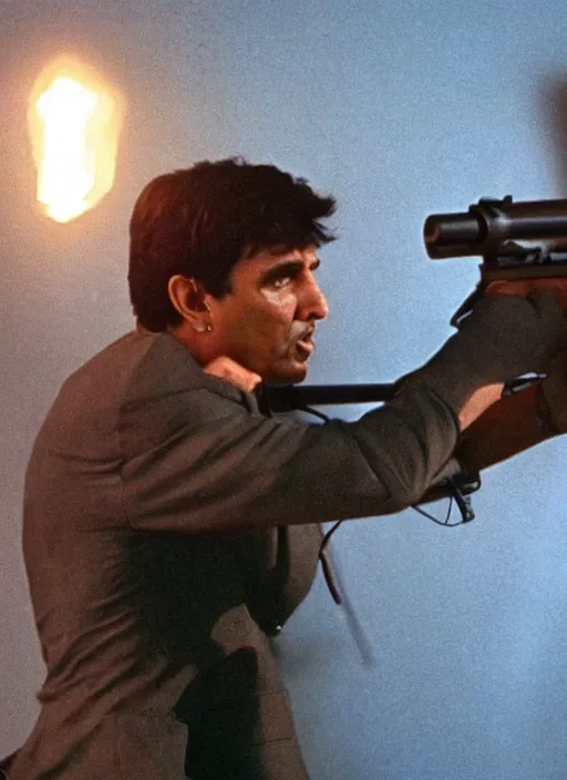 Image similar to film still of kim kardashian as Tony Montana firing a rifle in Scarface, cinematic lighting, finale scene