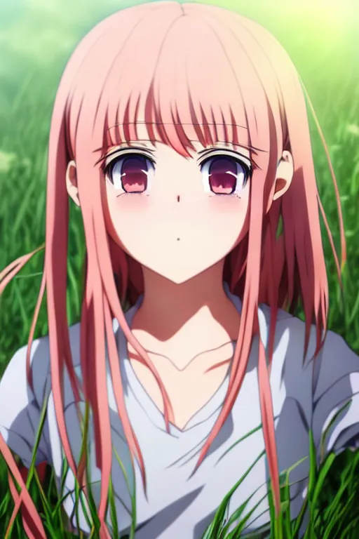 Prompt: anime art full body portrait character concept art, anime key visual of elegant young female, salmon pink straight bangs and large eyes, finely detailed perfect face delicate features directed gaze, laying down in the grass at sunset in a valley, trending on pixiv fanbox, studio ghibli, extremely high quality artwork