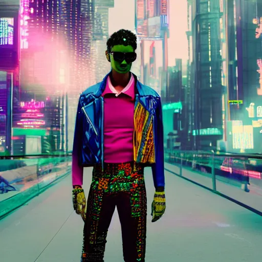 Image similar to colorful cyberpunk with gucci clothes, 8 k, octane render