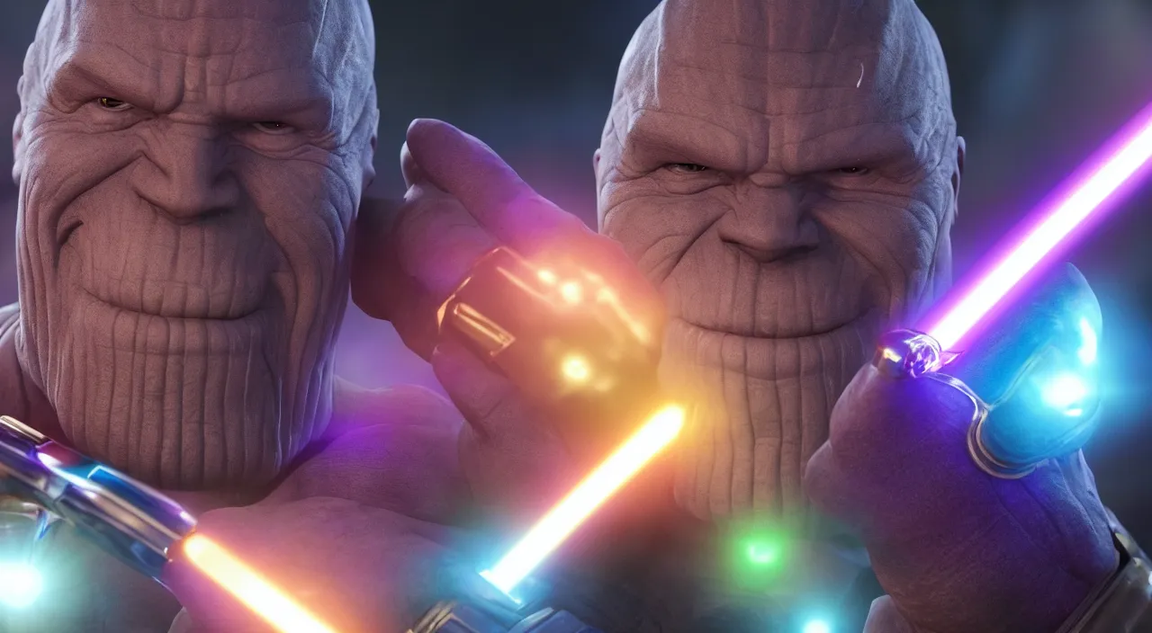Prompt: MCU 3D render of thanos smiling, wearing infinity gauntlet and wielding a lightsaber, high quality wallpaper, desktopography