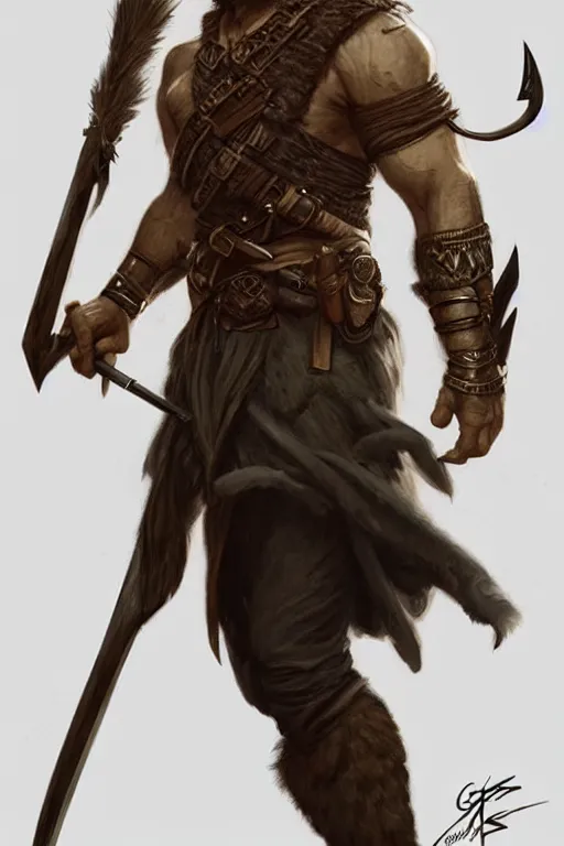 Image similar to full body portrait of a gruff ranger with a spear, lean and toned, handsome face, body hair, D&D, fantasy, intricate, elegant, highly detailed, digital painting, artstation, concept art, matte, sharp focus, illustration, art by Artgerm and Greg Rutkowski and Alphonse Mucha