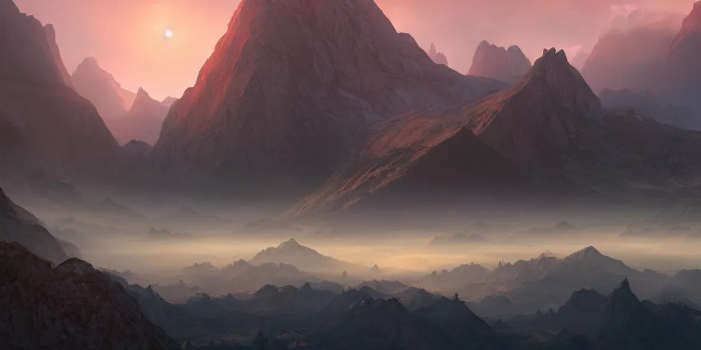 Image similar to epic mountains, dawn, sunrise colors, fantasy illustration, matte painting, concept art, low angle shot, volumetric lighting, volumetric atmosphere, morning mist, art by james gurney, unreal engine 5, 8 k