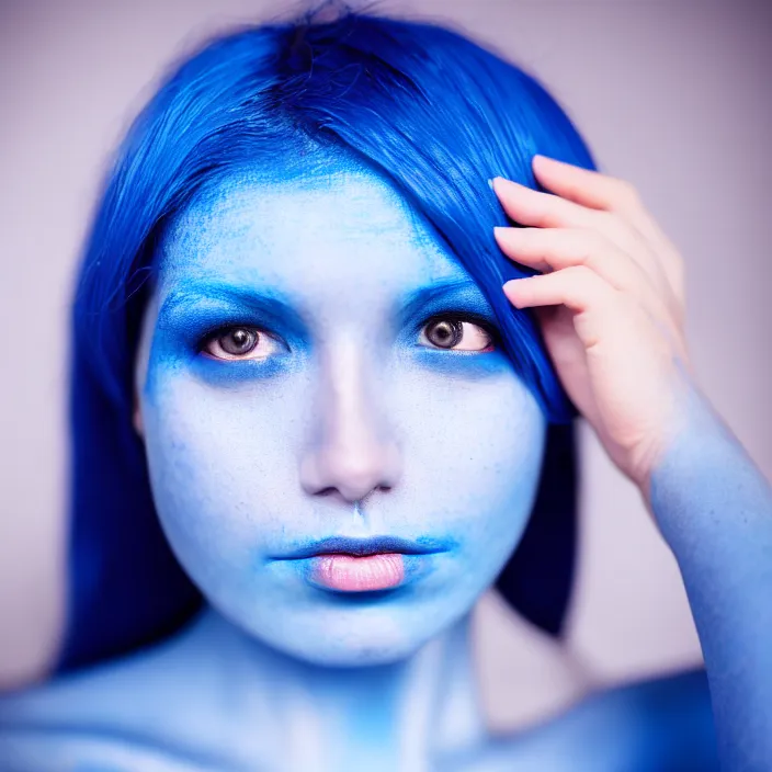 Image similar to photograph of a woman with blue skin!!!!!!!!!!. extremely detailed. dslr. 5 0 mm.