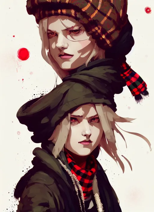 Image similar to highly detailed portrait of a sewer punk lady student, beanie, tartan scarf, wavy blonde hair by atey ghailan, by greg rutkowski, by greg tocchini, by james gilleard, by joe fenton, by kaethe butcher, gradient red, black, brown and cream color scheme, grunge aesthetic!!! white graffiti tag wall background