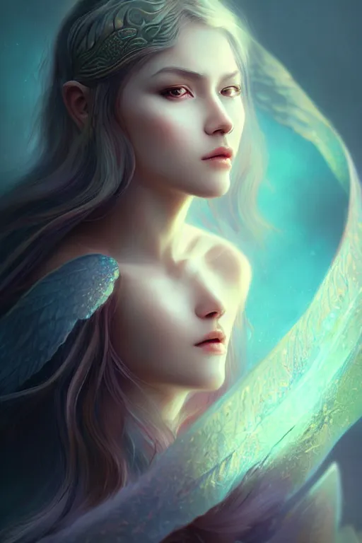 Image similar to Fantasy Mystical Beautiful Female Winged Guardian named Aurora, Highly Detailed Photorealistic, beautiful face, by NIXEU, by Việt Anh, by WLOP