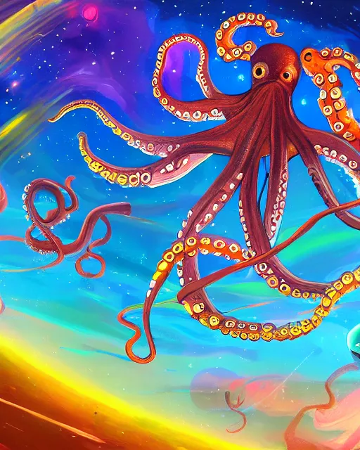 Prompt: octopus flying in space, colorful detailed digital painting, professional concept art, best of art station