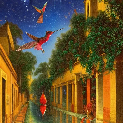 Image similar to many jewel colored hummingbirds with milky eyes hovering around plants in a renaissance architecture city street at night with rainforest greenery, hudson river school style, illustration, bright colors