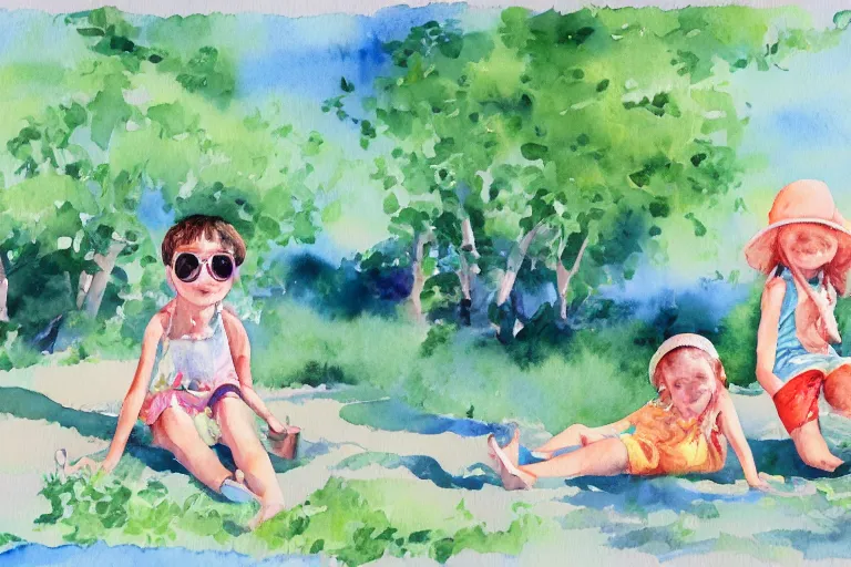 Prompt: Watercolor illustration of two kids who are best friends having the perfect summer day