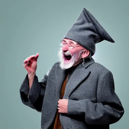 Image similar to an old bald mad wizard with bushy grey eyebrows, long grey hair and wearing a grey wizard hat, disheveled, wise old man, wearing a purple detailed coat, a bushy grey beard, sorcerer, he is yelling and laughing