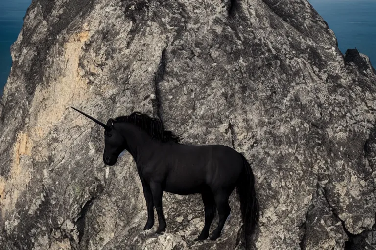 Prompt: beautiful black unicorn on top of a cliff natural lighting by Emmanuel Lubezki