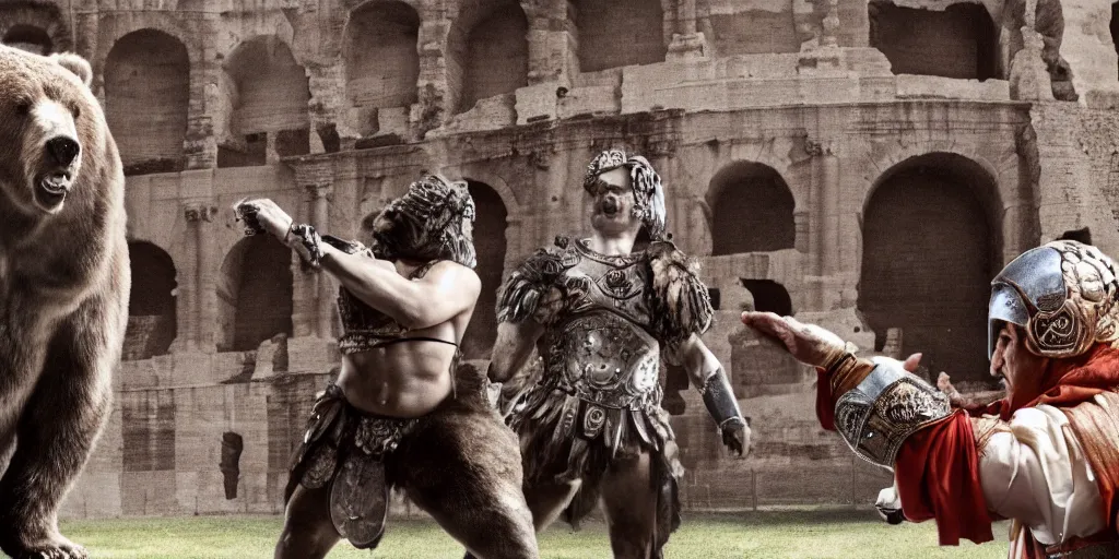 Image similar to Bill Gates dressed as a roman gladiator in front of an angry bear in the Colosseum. Film scene. Dramatic lightning. 4k.