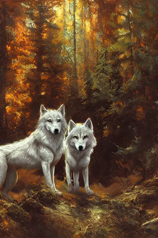 Image similar to spiritual twin flame wolf art, forest hue, highly detailed, oil painting, by craig mullins