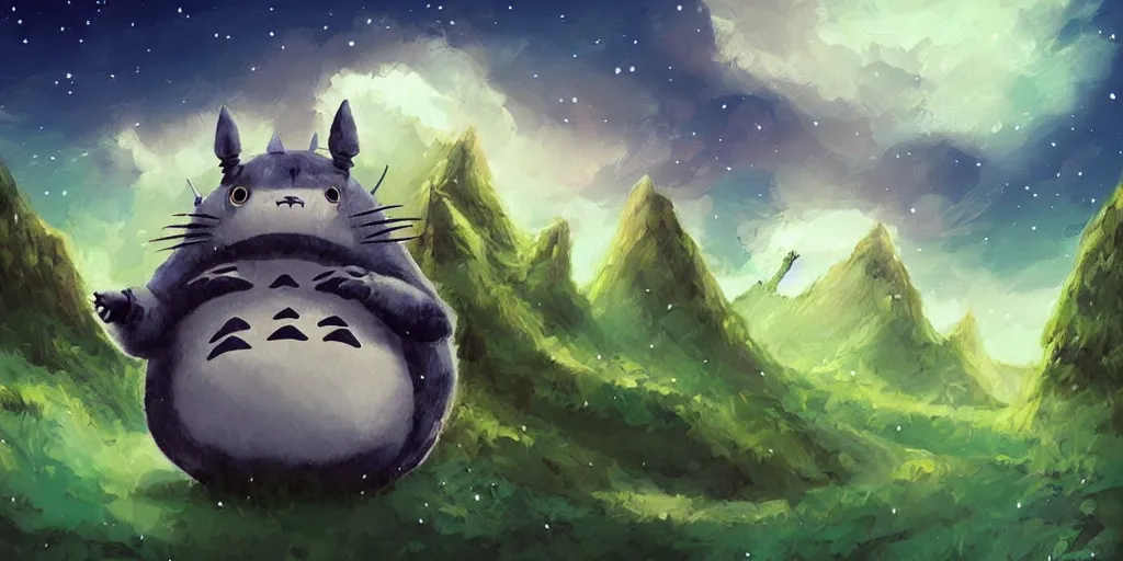 Image similar to exoskeleton totoro, mountain landscape, night sky, digital art, digital painting, celestial, majestic, playful, colorful