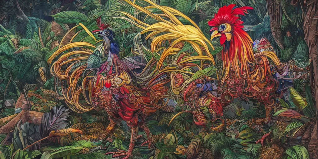 Prompt: colorful illustration of a fully armored mechanical rooster in a dense jungle, diselpunk, mix of styles, style combination, hyper detailed, intricate