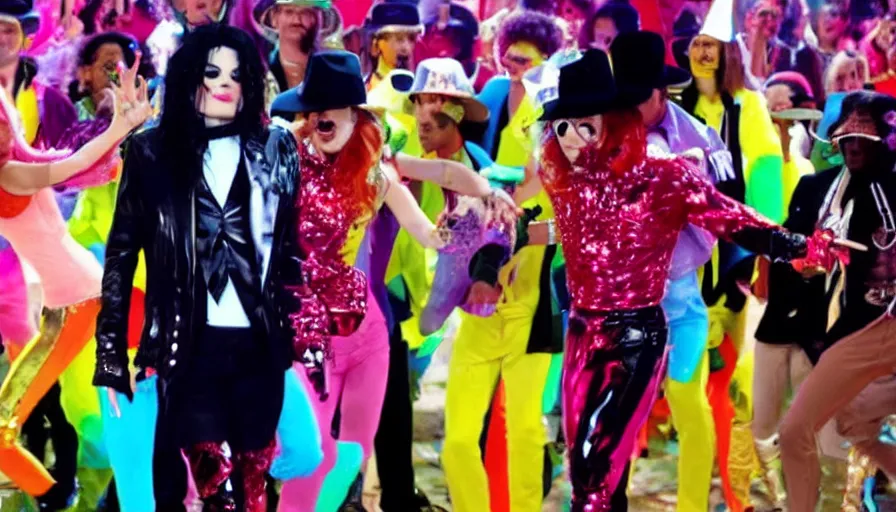 Image similar to michael jackson and lady gaga in a colorful music video from 2 0 1 3