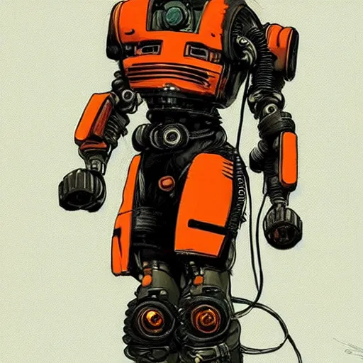 Prompt: cyberpunk mechanic dude with robotic calves. orange and black color scheme. concept art by james gurney and mœbius. apex legends character art