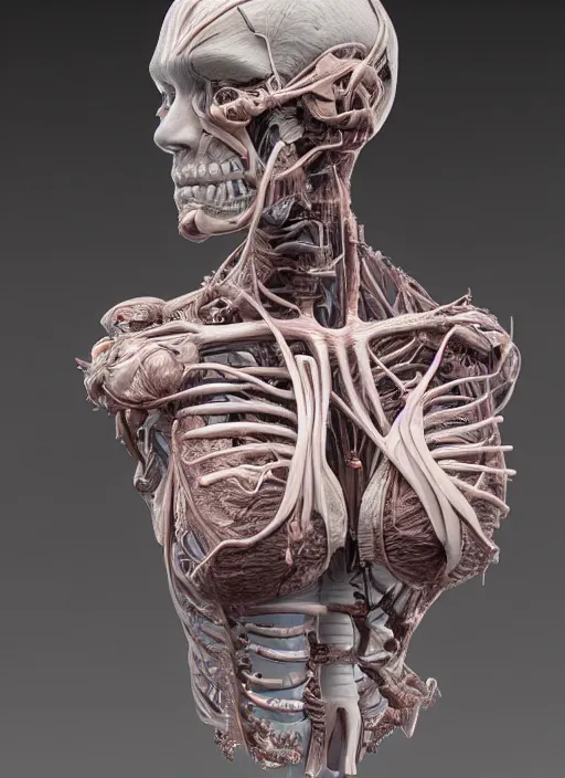 Image similar to a bust sculpture of anatomical female detailed cyborg, veins, ceramic base, orthographic, studio lighting