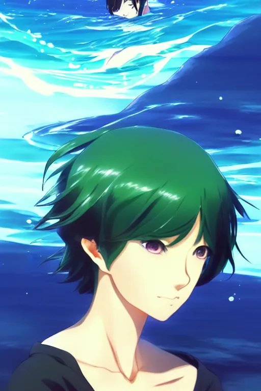 Image similar to makoto shinkai, artgerm, ilya kuvshinov, beautiful anime women with green dress, long blue hair, water powers water swirling, symmetrical face, symmetrical eyes, detailed, beach setting, cinematic lighting
