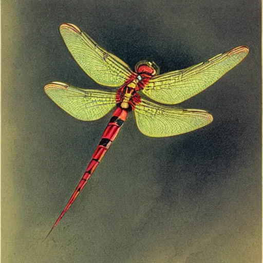 Prompt: color dragon fly lithograph by adolphe millot