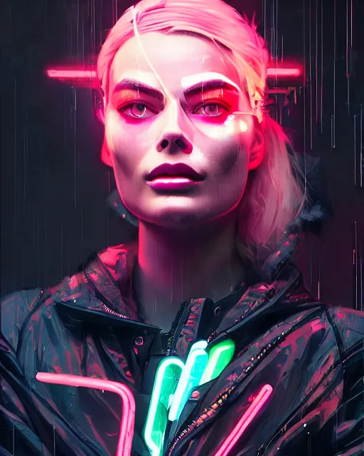 Image similar to neon operator margot robbie, cyberpunk futuristic neon, reflective puffer jacket, decorated with traditional japanese ornaments by ismail inceoglu dragan bibin hans thoma greg rutkowski alexandros pyromallis nekro rene maritte illustrated, perfect face, fine details, realistic shaded, fine - face, pretty face