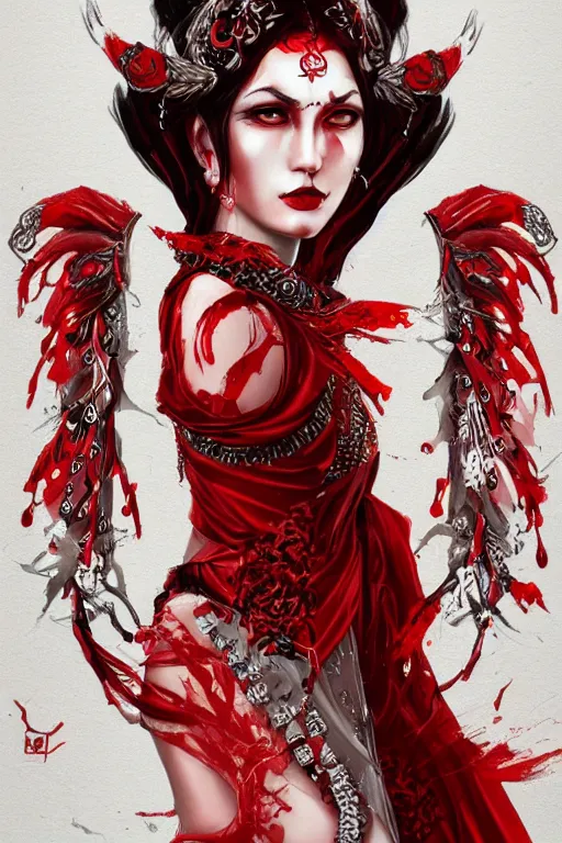 Image similar to portrait of the blood goddess, enigmatic beauty, dominant shades of crimson and red and black, oriental silver ornaments, artstation