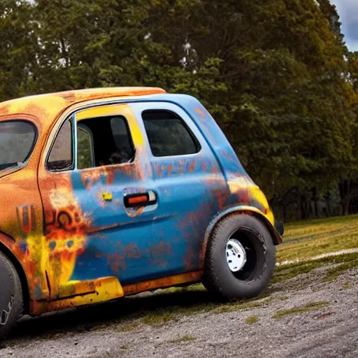 Prompt: nuclear themed ratrod car in the frame of a fiat panda. nuclear, mechanical ad, vehicle photoshoot, distant. hd ratrod, exposed engine, racer