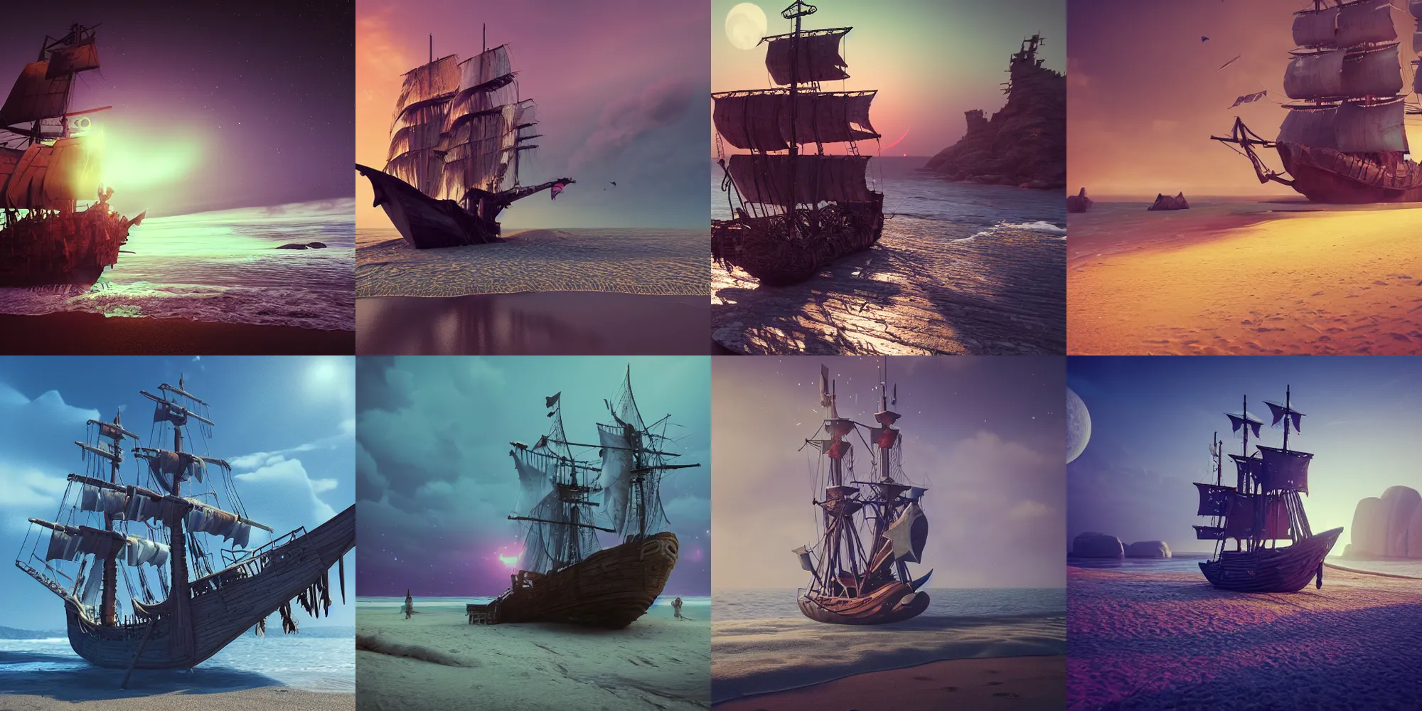 Prompt: beautiful dark beach landscape, highly detailed old pirate ship, in the style of beeple and Mike Winkelmann, photo real, ultra realistic, intricate, epic lighting, 8k resolution, unreal engine 5, ultraviolet colors,