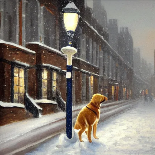 Prompt: painting of a snowy london street scene, and a dog with its tongue stuck to a lamp post