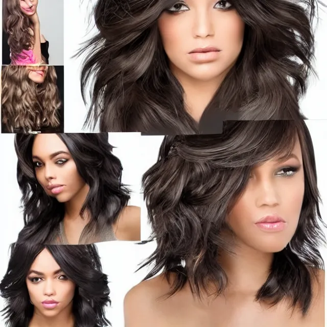 Image similar to avant runway hairstyle professional designer hair bangs, full body volume hairstyle, high detail, curves and straight combed with professional salon stylist products, studio lighting, smooth sharp focus