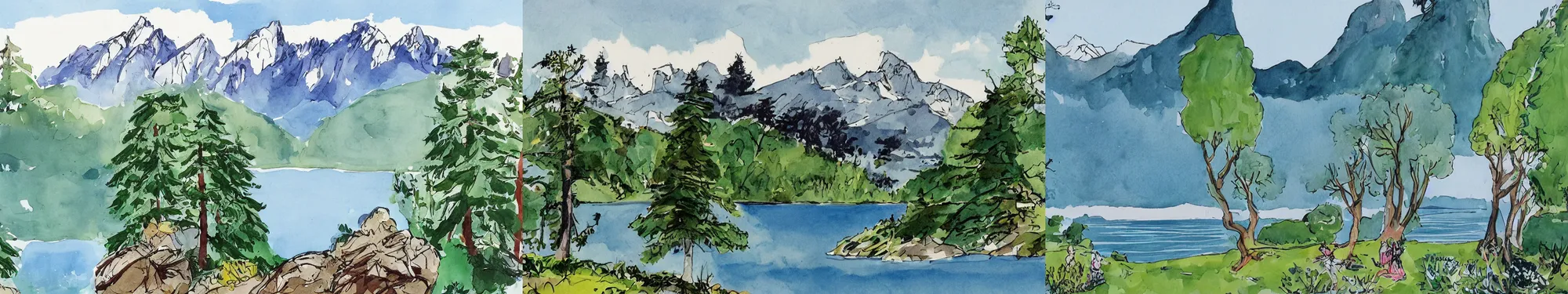 Prompt: mountains, trees, and lake, by quentin blake