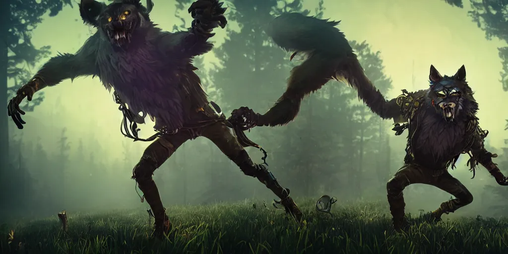 Image similar to woodsman wearing a steampunk and neonpunk mechanical fluorescent mystical animal mask in strange misty mountain landscape fight with werewolf, night, realism in style of fornite game, 4 k, octane render, award winning photograph, epic cinematic shot, perfectly defined features, ambient occlusion