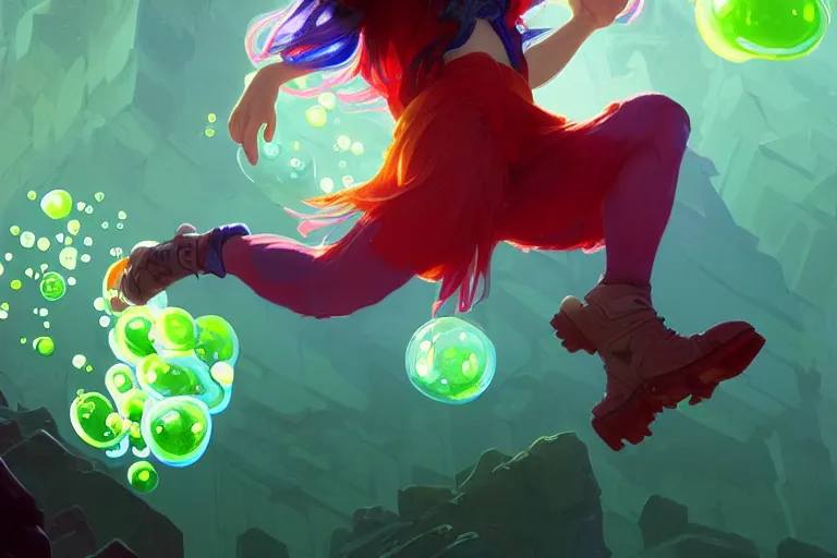 Image similar to madeline from celeste jumping to a green jelly bubble, ( ( ( blue bubble jacket ) ) ) ( ( ( red long hair ) ) ), highly detailed, digital painting, artstation, concept art, sharp focus, illustration, art by greg rutkowski and alphonse mucha