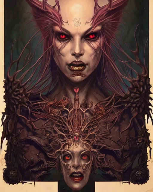 Image similar to perfectly centered portrait front view of a angry dead rotten beautiful female daemon growing ornamentation, ornate, detailed, symmetrical, elegant, beautifully soft lit, by wayne barlowe, peter mohrbacher, kelly mckernan