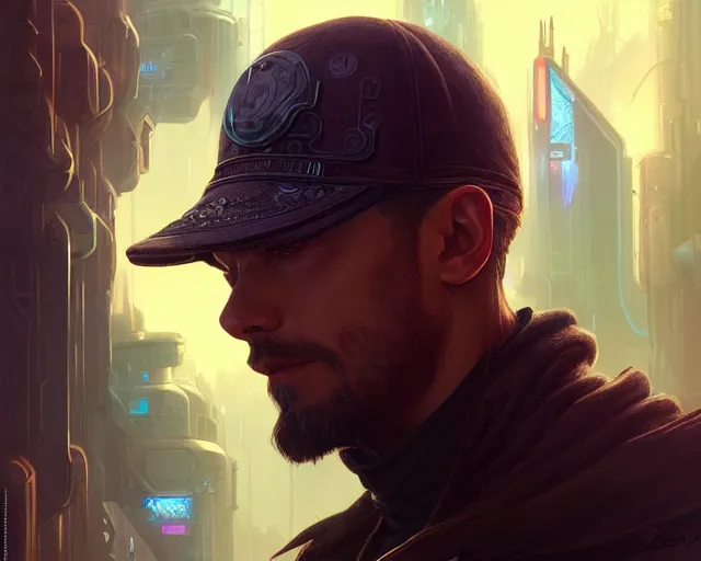 Image similar to man wearing a cyberpunk hat, deep focus, d & d, fantasy, intricate, elegant, highly detailed, digital painting, artstation, concept art, matte, sharp focus, illustration, hearthstone, art by artgerm and greg rutkowski and alphonse mucha