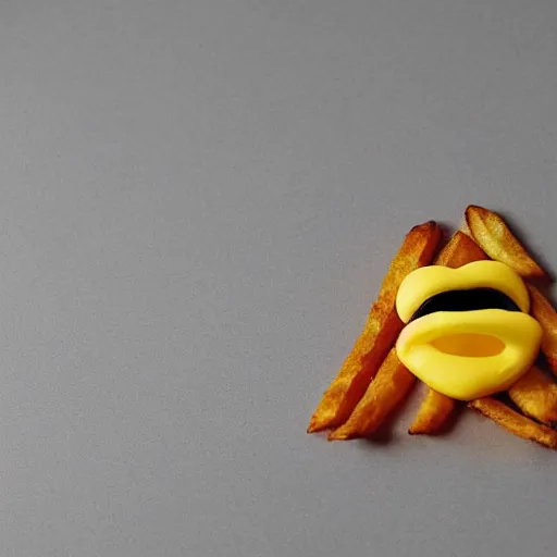 Image similar to photo of [ a single salted french fry chip ] shaped like that looks like ( stephen fry ) as a [ pixar character ] hybrid intercross mix cinematic lighting