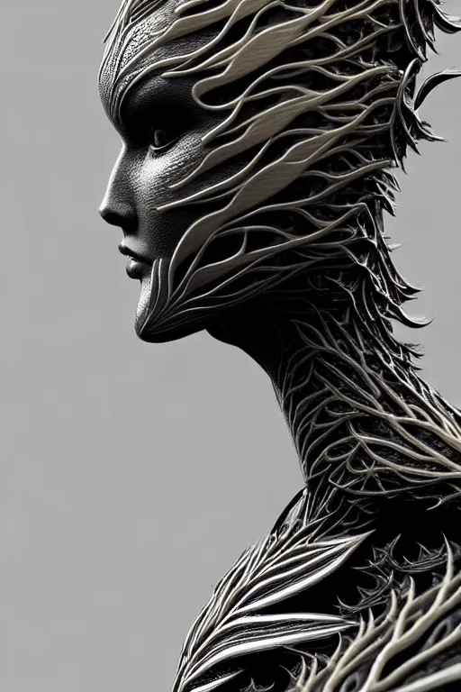 Prompt: bw close - up profile face, black background, beautiful young porcelain vegetal - dragon - cyborg - female, 1 5 0 mm, beautiful natural soft rim light, silver gold details, magnolia leaves and stems, roots, mandelbot fractal, elegant, ultra detailed, white metallic armour, octane render, h. r. giger style