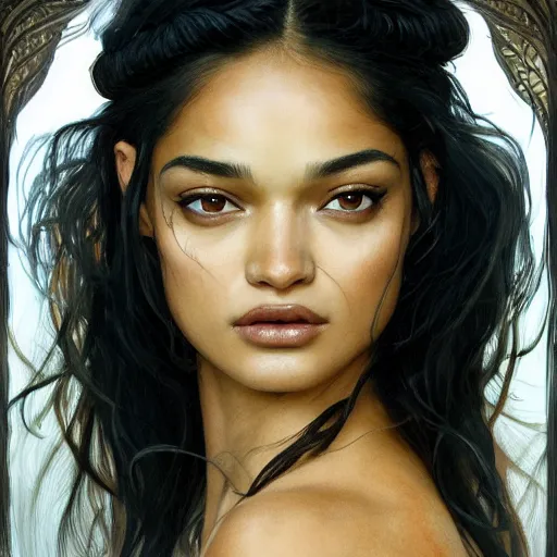 Image similar to Portrait of a Shanina Shaik as Medusa, Watercolor, photorealistic, high resolution, award winning, trending on artstation, olive skin, long dark hair, beautiful bone structure, intricate, elegant, highly detailed, digital painting, artstation, concept art, smooth, sharp focus, illustration, art by artgerm and greg rutkowski and alphonse mucha