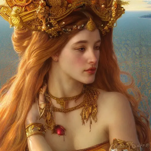 Image similar to an portrait of a beautiful alluring female goddess, detailed, centered, digital painting, artstation, concept art, donato giancola, Dante Gabriel Rossetti, alphonse mucha, Joseph Christian Leyendecker, WLOP, Boris Vallejo, Breathtaking, 8k resolution, extremely detailed, beautiful, establishing shot, artistic, hyperrealistic, beautiful face, octane render