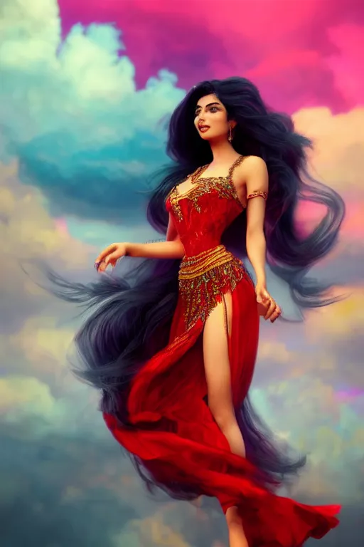 Image similar to a beautiful persian princess in colorful clouds and smoke, red dress, long black hair, smiling in awe, face, highly detailed, artstation, concept art, sharp focus, digital art by hana yata, octane render, unreal engine, 8 k